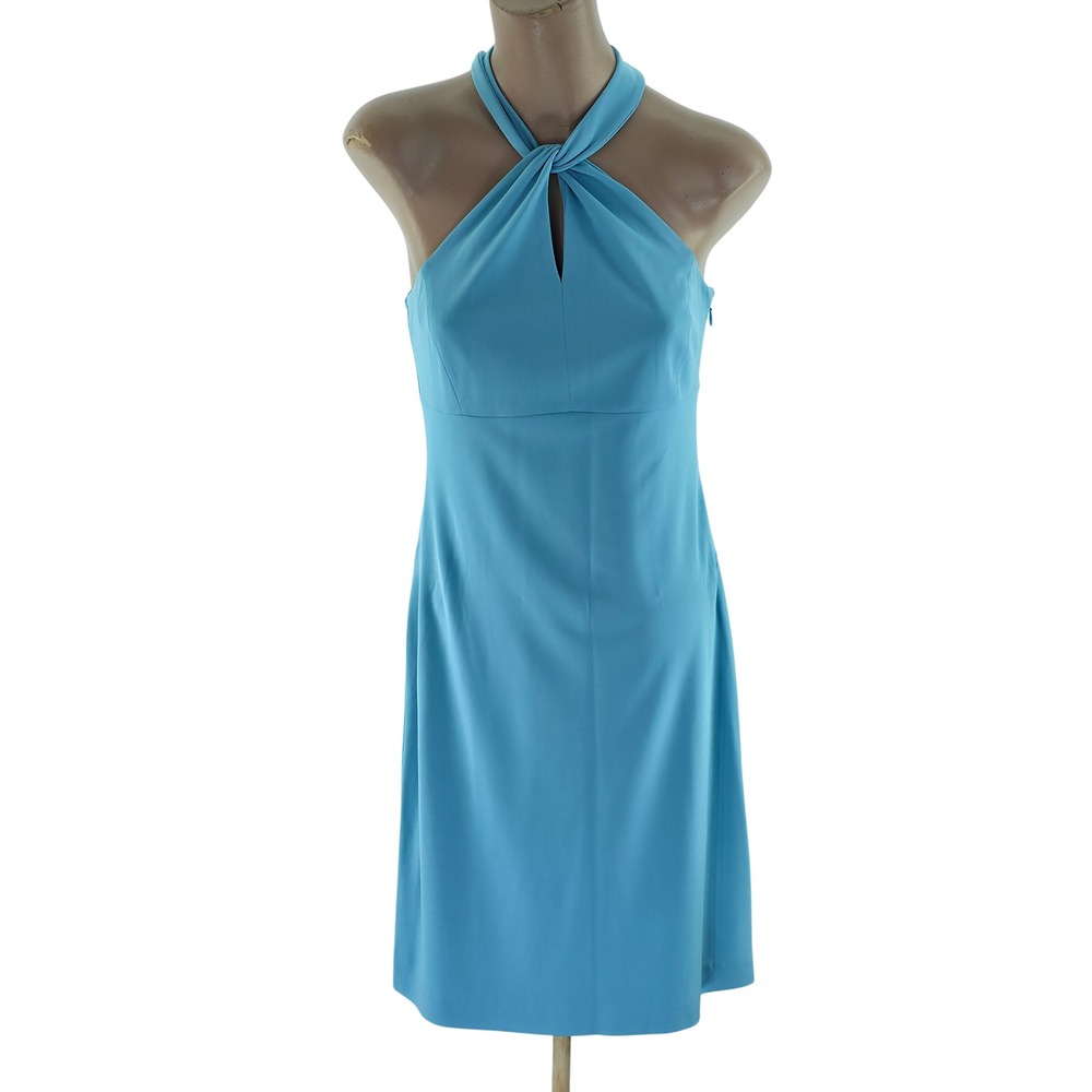 Ann Taylor LOFT Halter Dress Womens 8 Blue Twist Keyhole Sheath Cocktail New Y2K